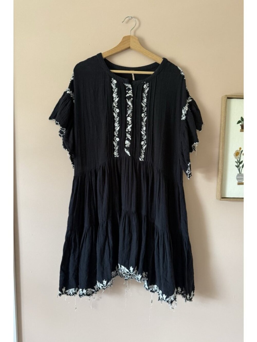 Free People Santiago Embroidered Gauze Ruffled Mini Flowy Dress Beachy Cottage M